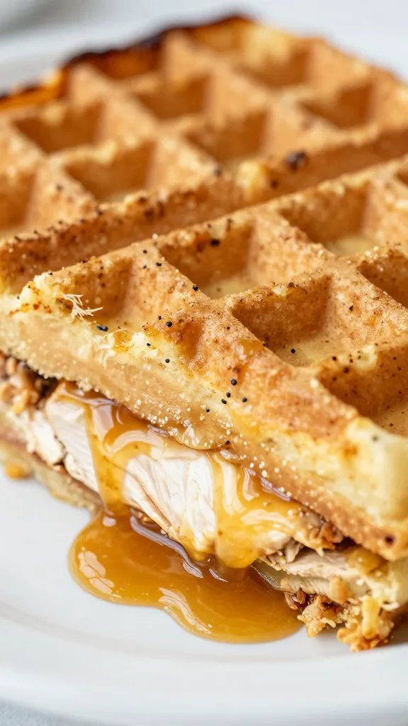 closeup slice of hot honey chicken and waffle casserole