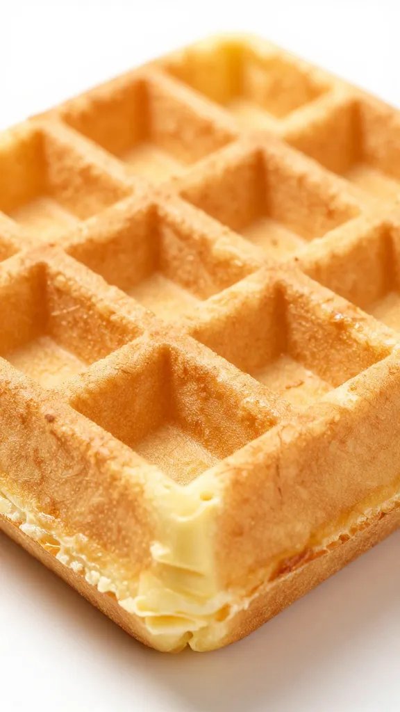 golden Belgian waffle square with buttery edges, macro