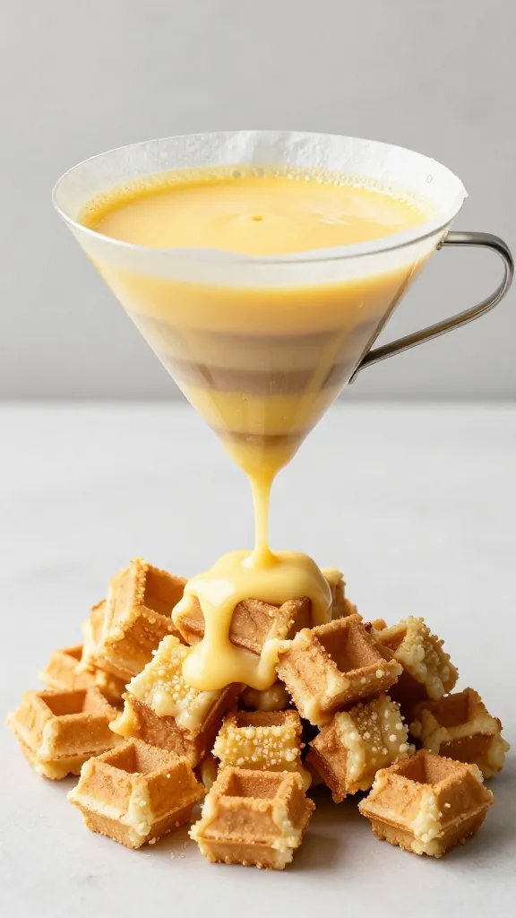 custard pour over waffle cubes, shallow depth