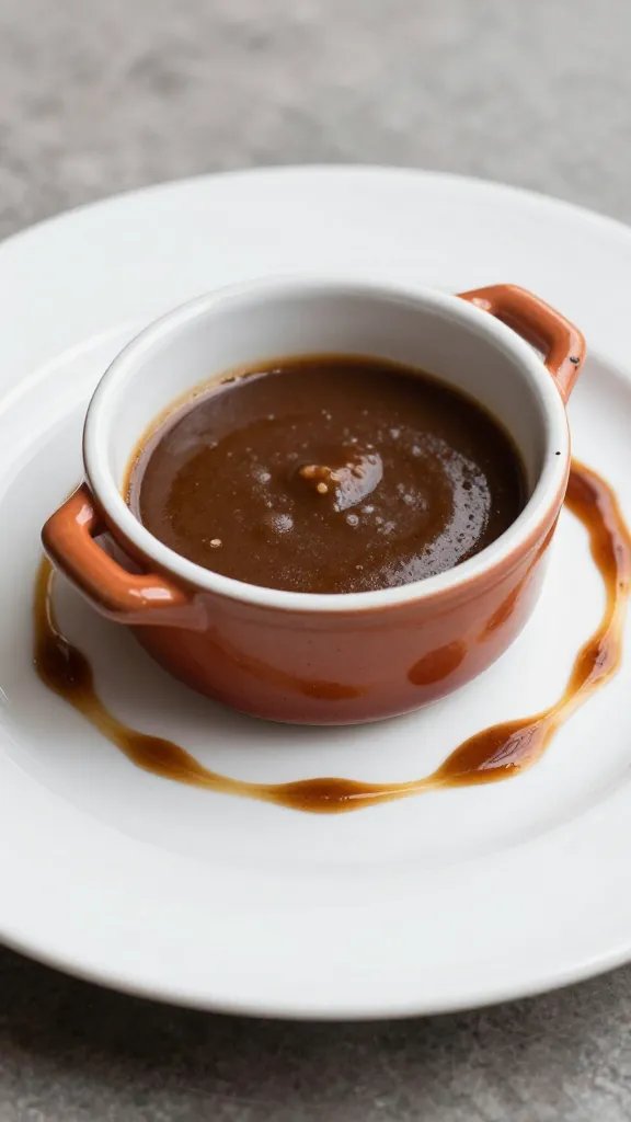 single casserole serving on white plate, sauce drizzle