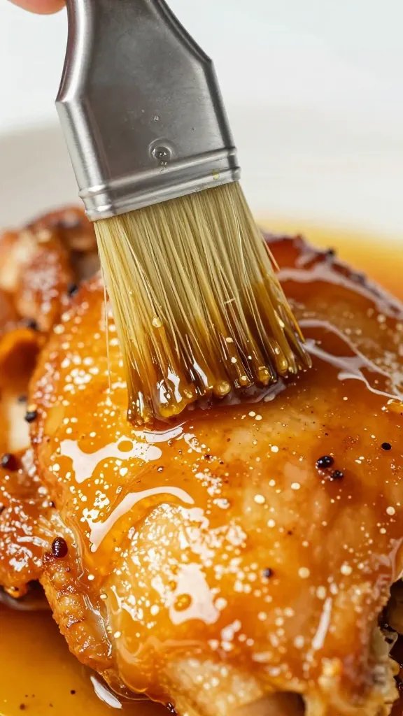 brushed hot honey glaze on chicken skin, closeup