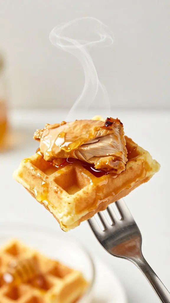 steaming bite on fork: waffle, chicken, honey, macro