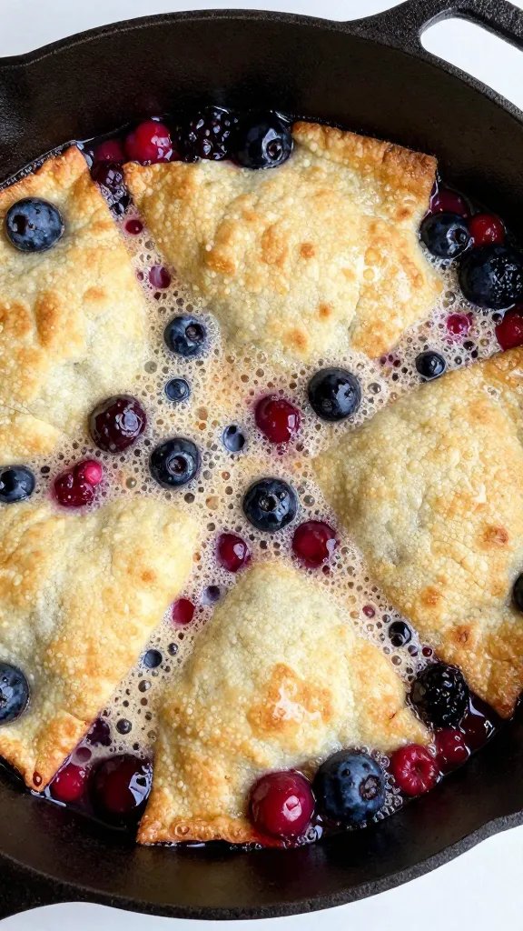 cast-iron skillet mixed berry cobbler, bubbling, overhead closeup
