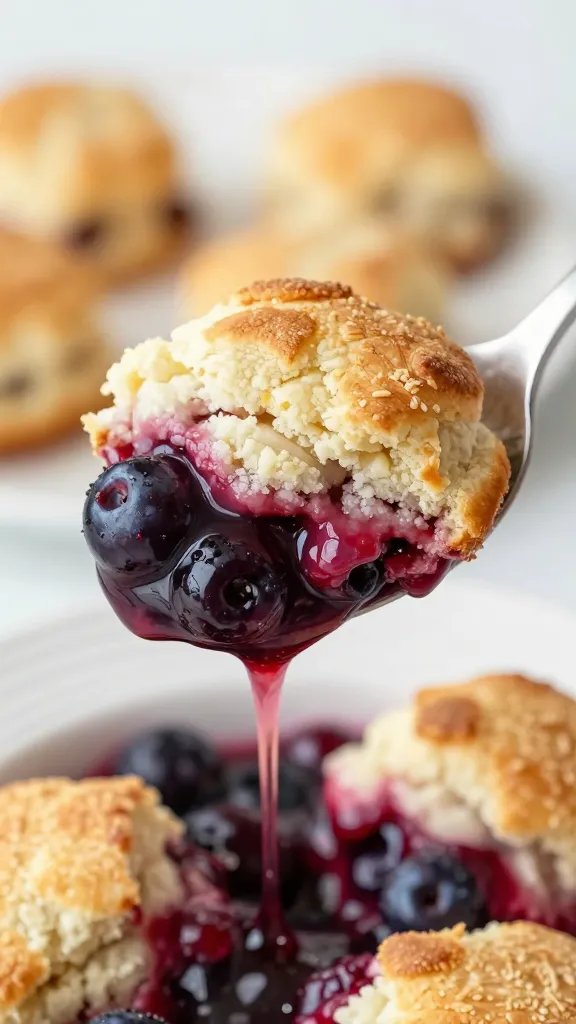 golden biscuit-topped berry cobbler spoonful, dripping juices