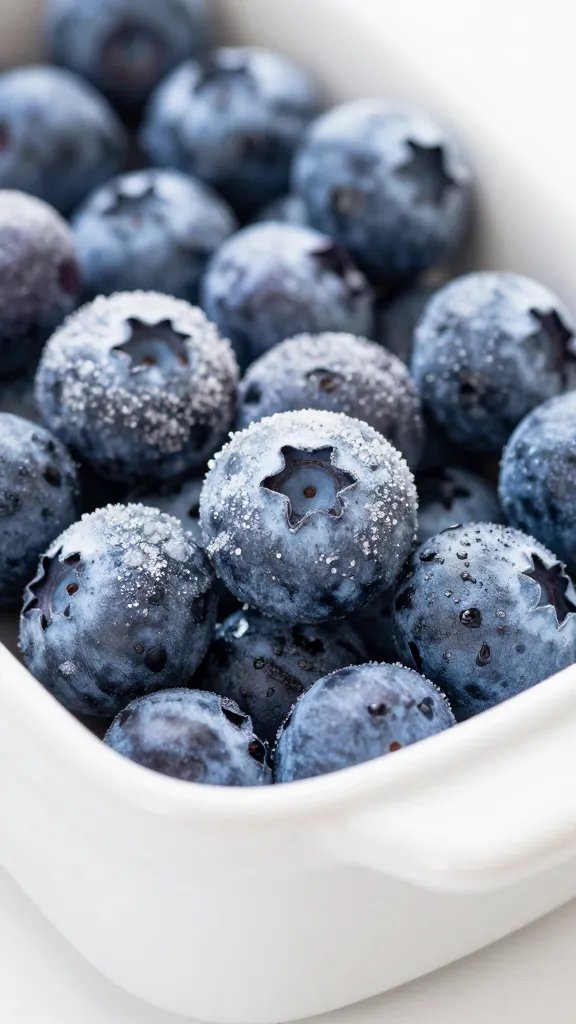 closeup of sugared blueberries in ceramic baking dish