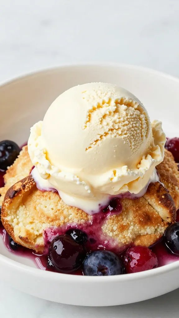 single scoop of vanilla on warm berry cobbler