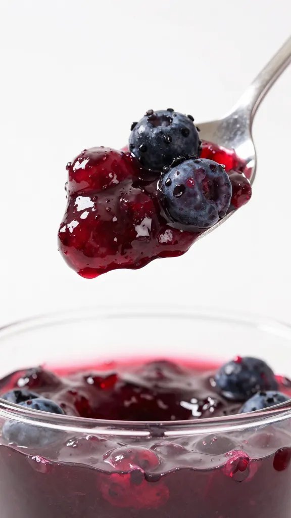 spoon breaking into jammy mixed berry layer