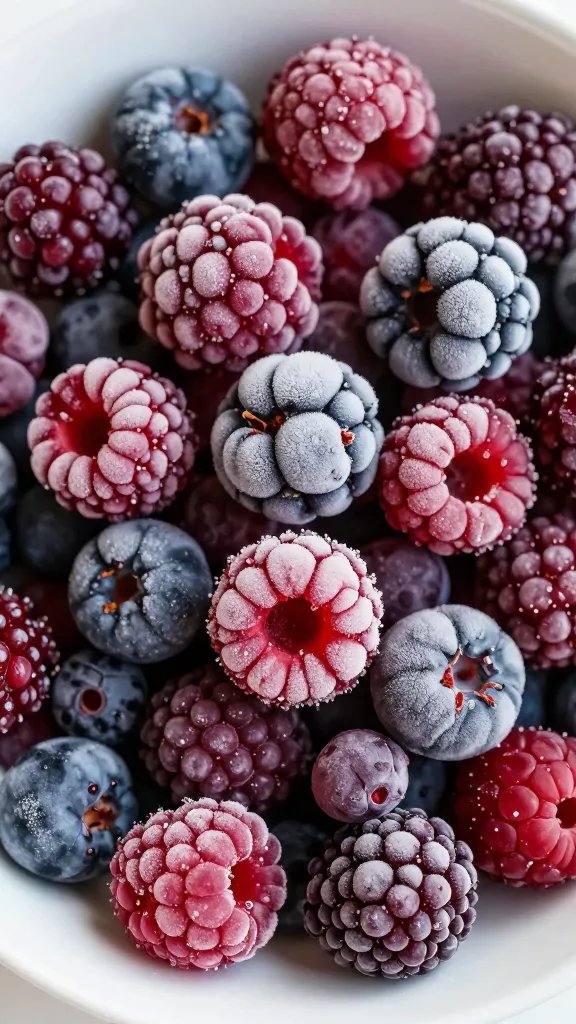 frozen mixed berries in bowl, frosty and vibrant