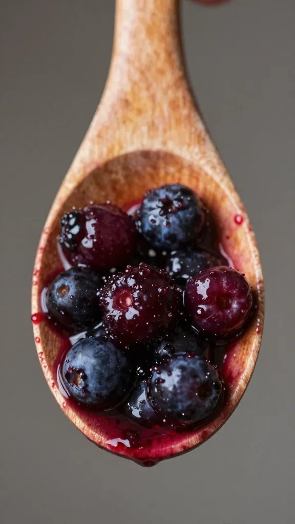 closeup of stained wooden spoon coated in berry juices