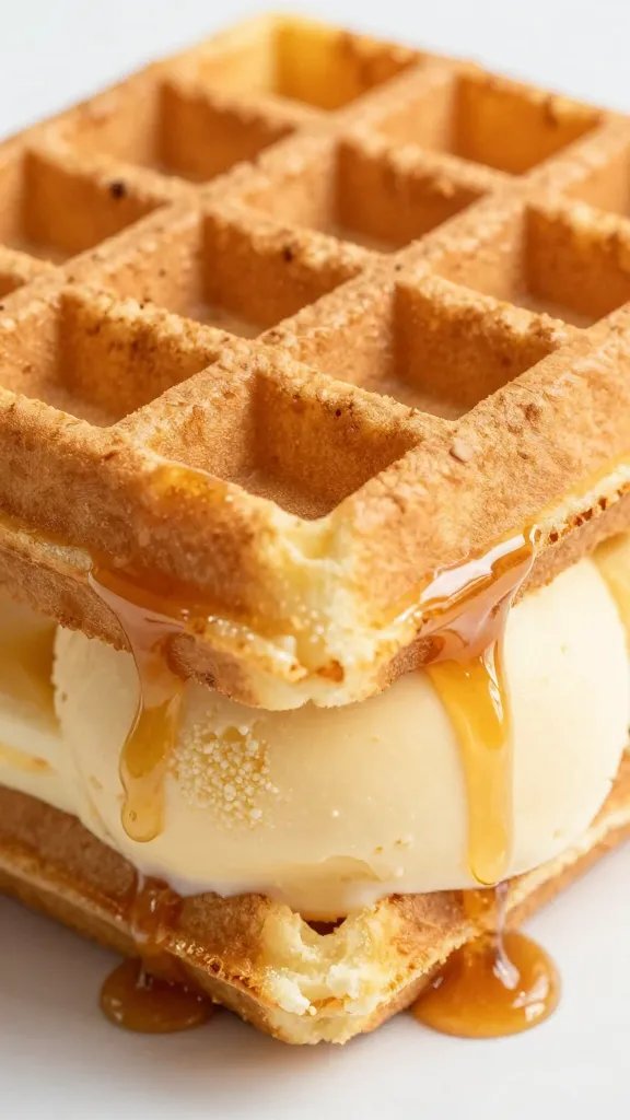 closeup Belgian waffle ice cream sandwich dripping maple syrup