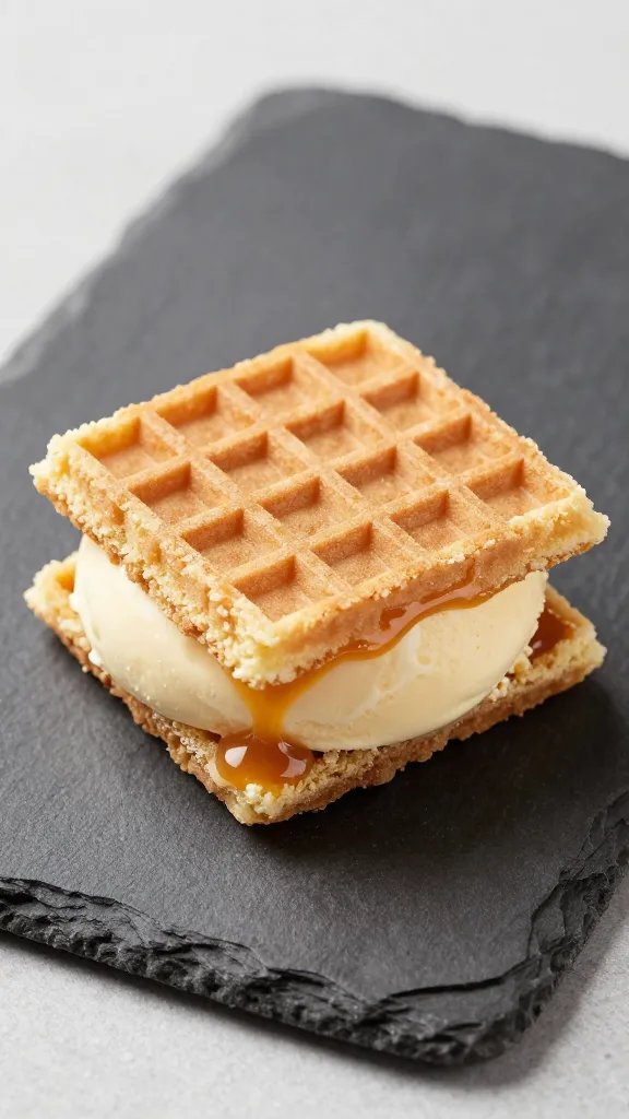 stroopwafel ice cream sandwich on slate, caramel oozing