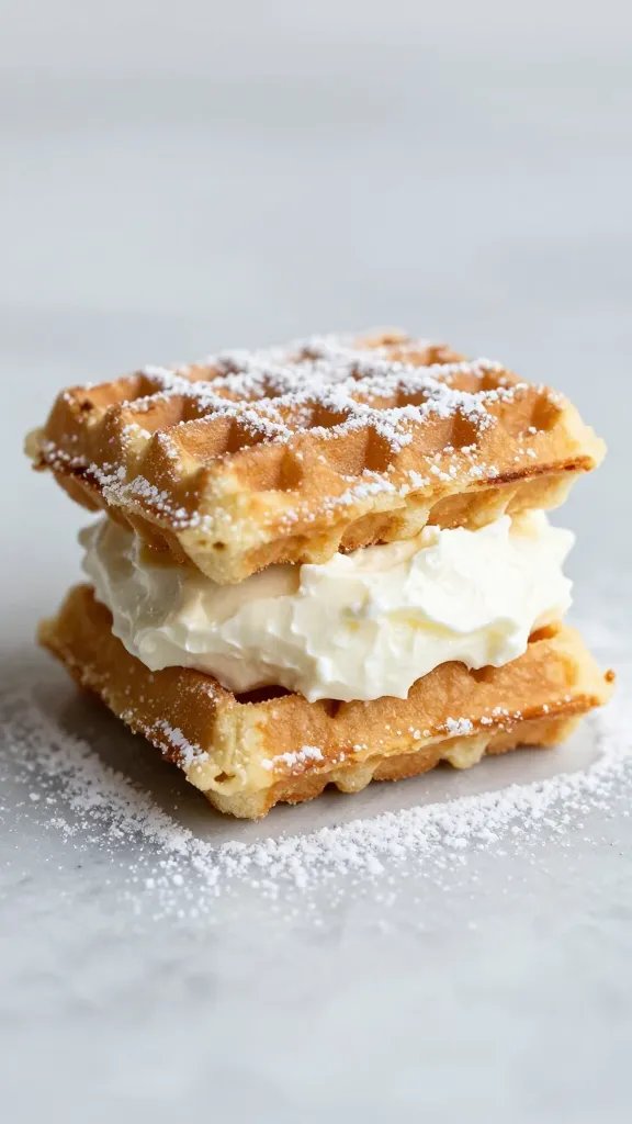 mini waffle sandwich with whipped mascarpone, powdered sugar dust