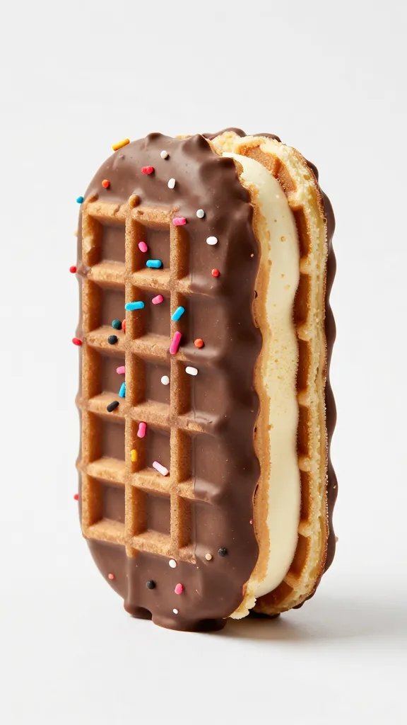 chocolate-dipped waffle ice cream sandwich, sprinkles, studio lighting
