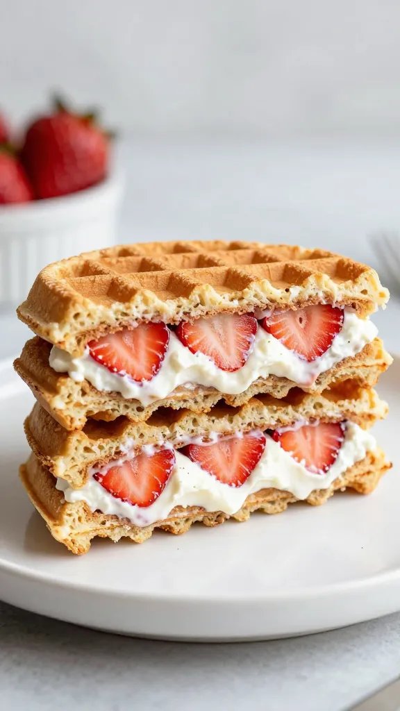 strawberry-stuffed waffle sandwich with mascarpone, tight macro
