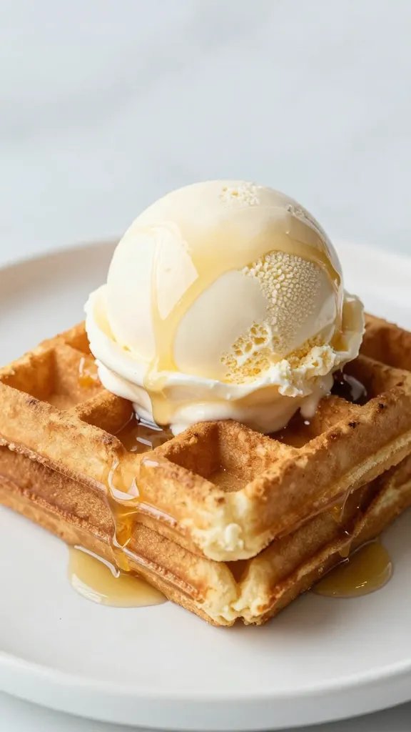 toasted classic waffle sandwich with vanilla ice cream, syrup sheen