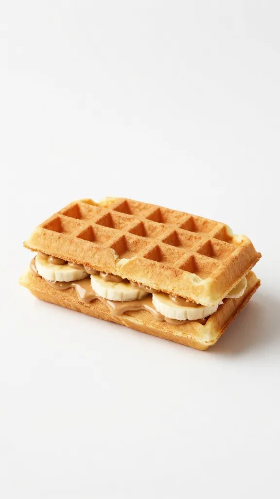 peanut butter and banana waffle sandwich, clean white backdrop