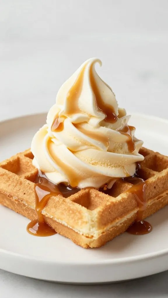 waffle sandwich with salted caramel swirl ice cream, side light