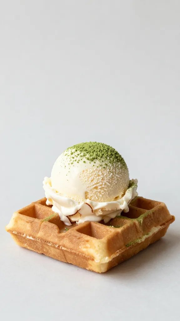 matcha waffle sandwich with coconut ice cream, minimal background