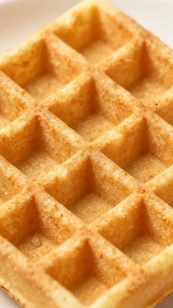 closeup of golden eggnog waffle with crisp edges