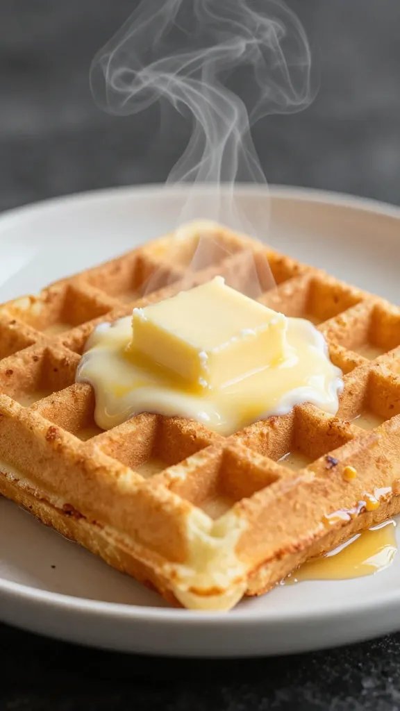 steaming eggnog waffle with pat of melting butter