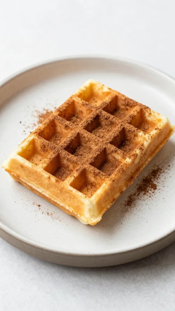 single waffle dusted with cinnamon on stoneware plate