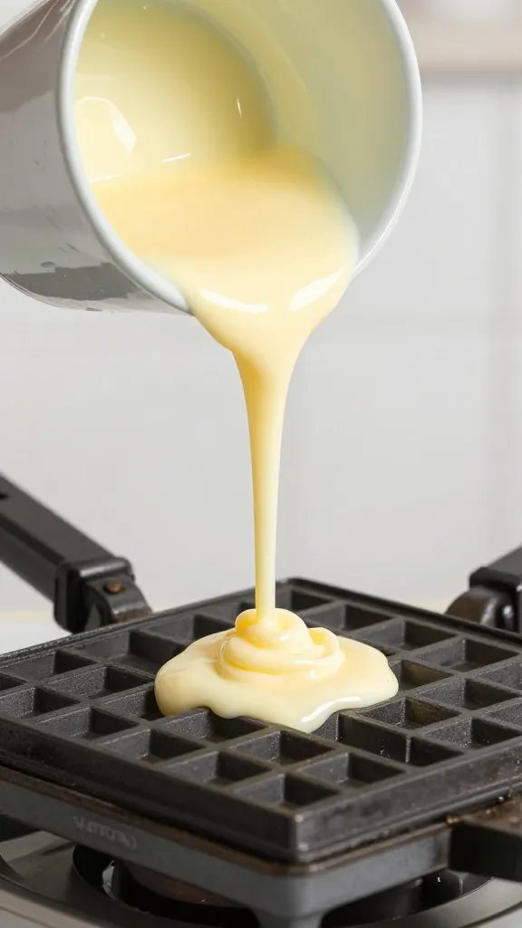 eggnog batter being poured into hot waffle iron