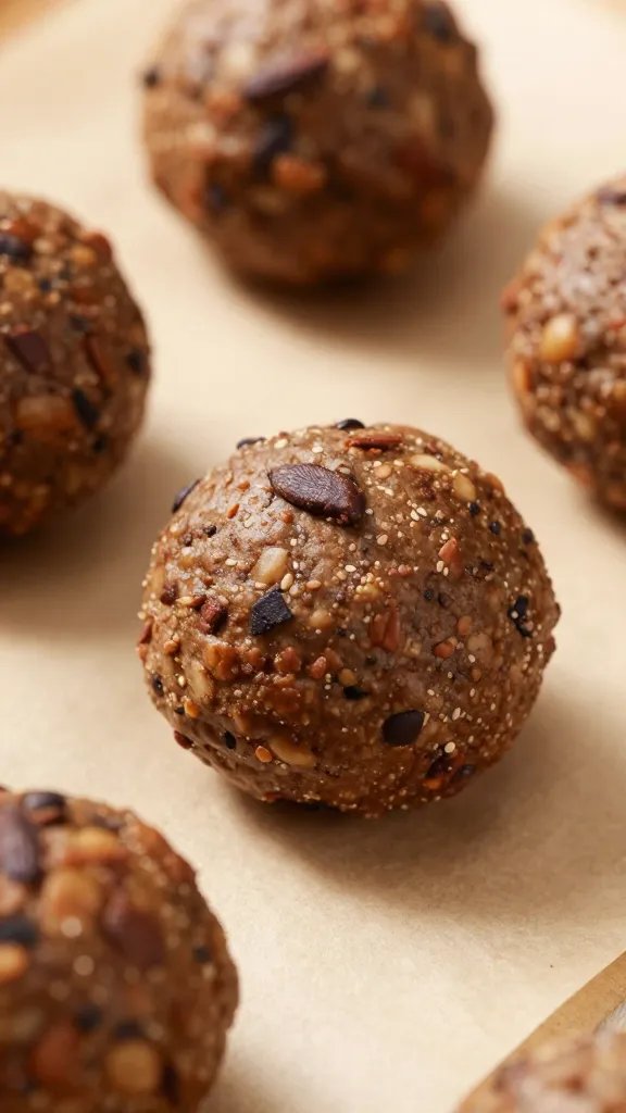 closeup of cocoa Kodiak protein ball on parchment