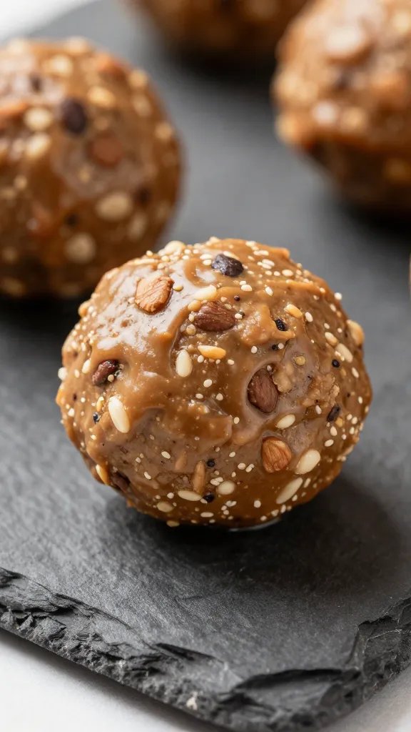 closeup of almond butter Kodiak protein ball on slate