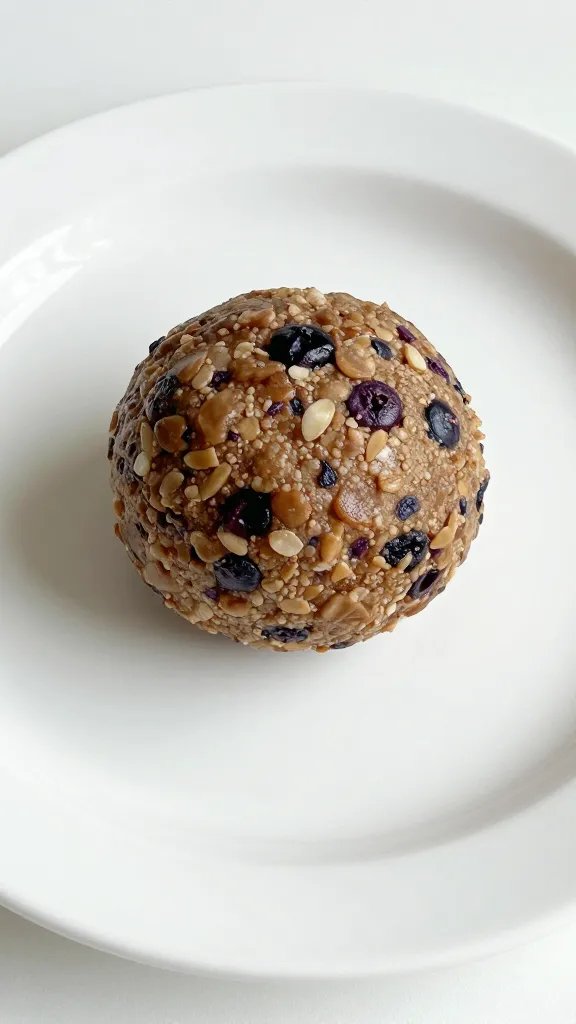 single blueberry Kodiak protein ball on white ceramic plate