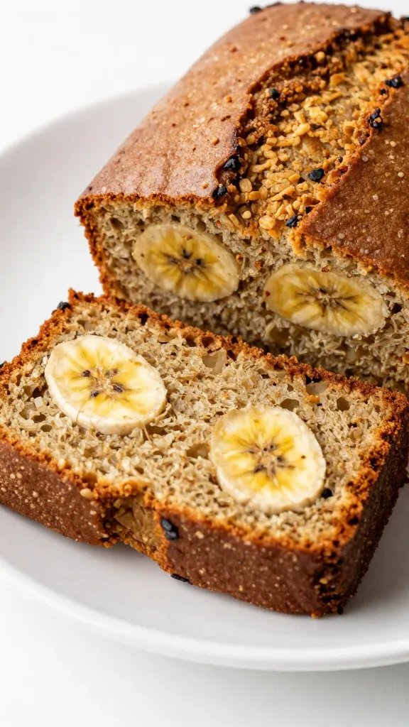 closeup slice of kodiak banana bread on white plate