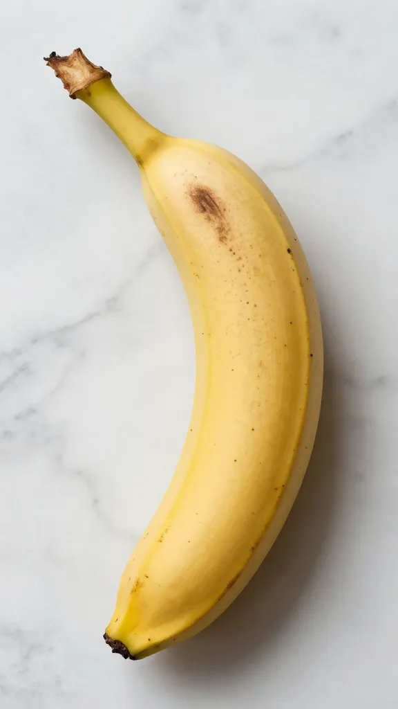 single ripe freckled banana on marble countertop