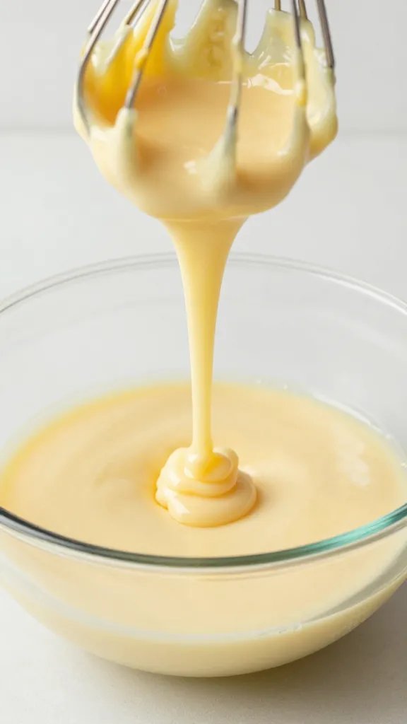 whisk dripping banana batter over glass mixing bowl