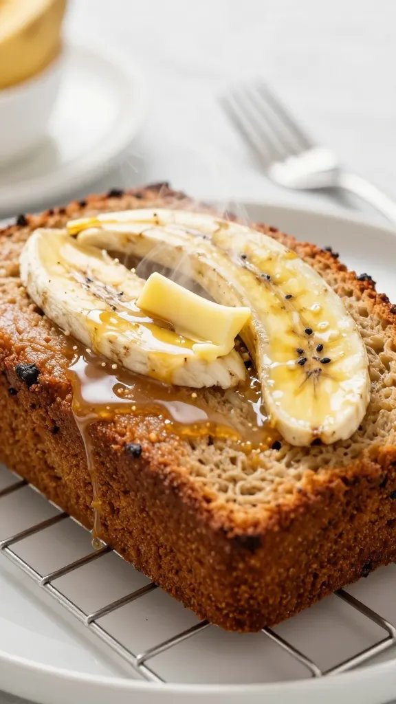 butter-slicked warm banana bread slice with steam