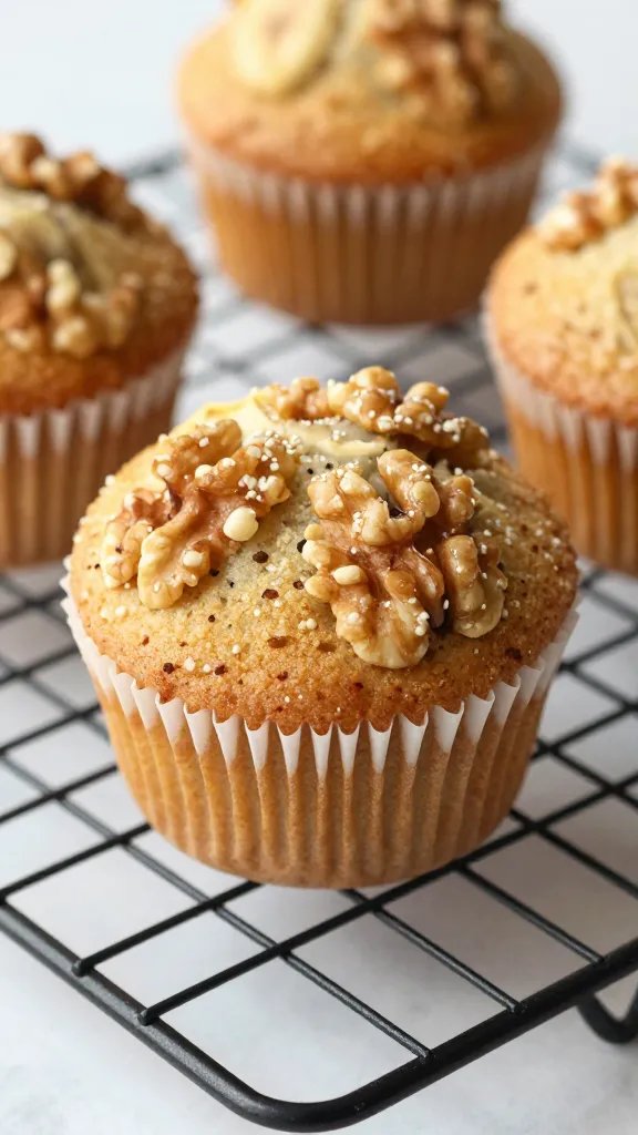 single walnut-studded banana muffin on cooling rack