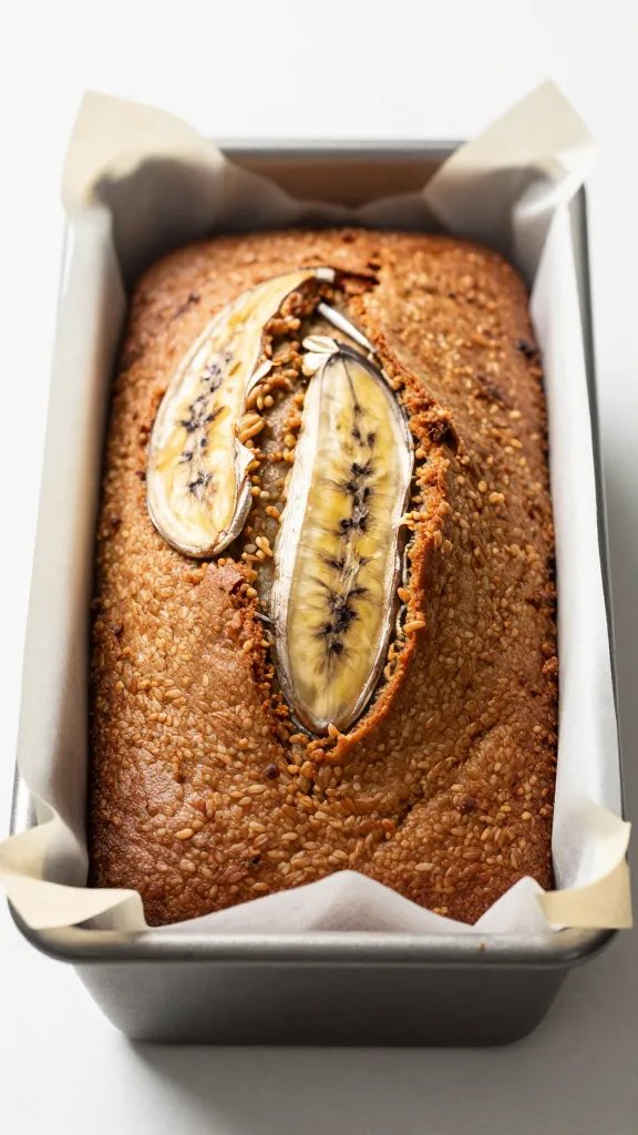 loaf pan lined with parchment holding baked banana bread