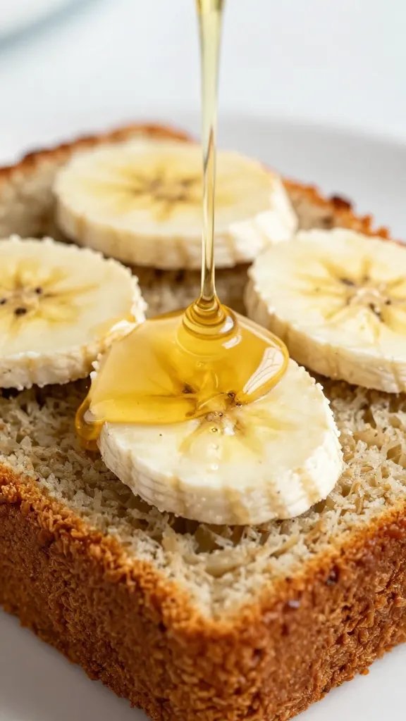 honey drizzle over banana bread slice closeup