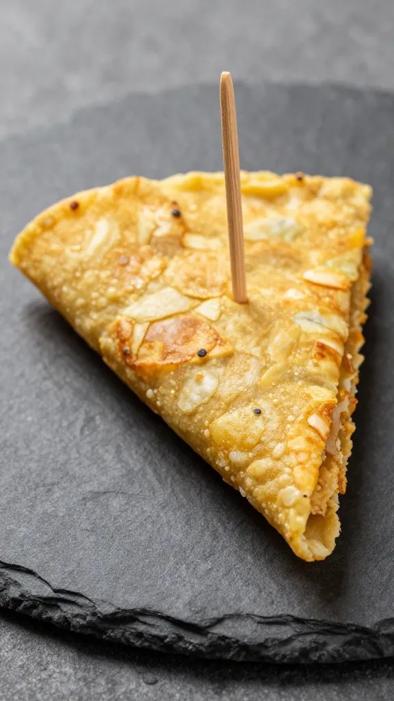 golden tortilla española wedge with toothpick on slate