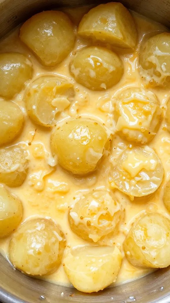 glossy slow-cooked potatoes in egg mixture, overhead