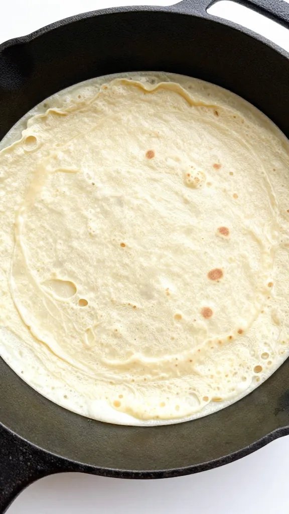 cast-iron pan with finished tortilla, top view