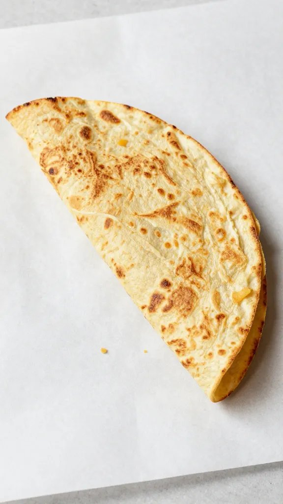 single chilled tortilla slice on parchment, crumbs