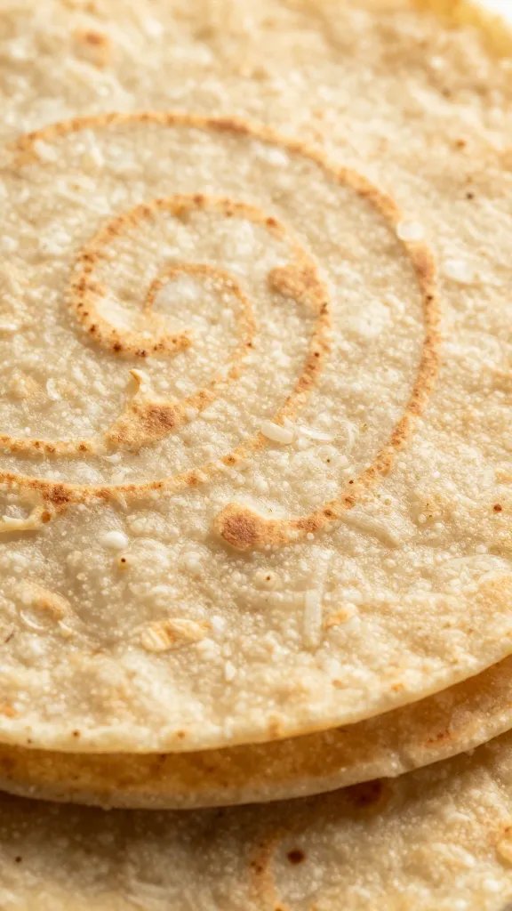browned tortilla top with faint onion swirls, macro
