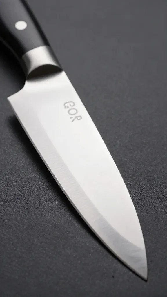 sharp chef’s knife cutting clean wedge, closeup