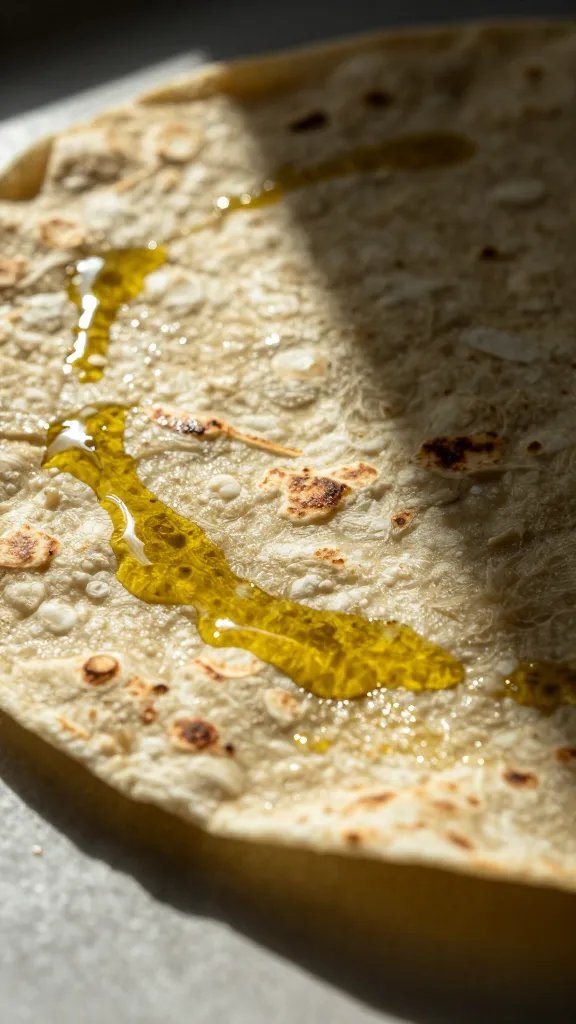olive oil sheen on tortilla surface, dramatic light