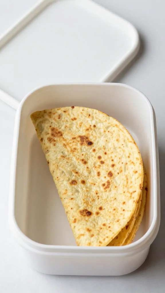 tidy tortilla slice in travel container, lid ajar