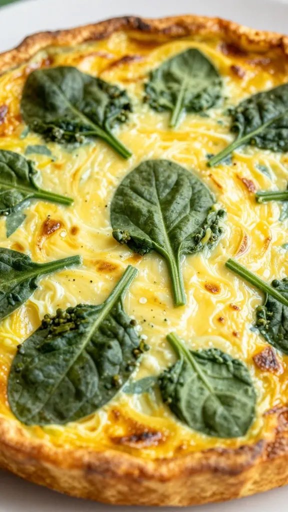 closeup of custardy frittata center with spinach