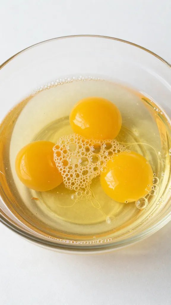 whisked eggs in glass bowl, tiny bubbles visible