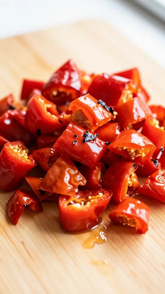 roasted red peppers, diced, on cutting board closeup