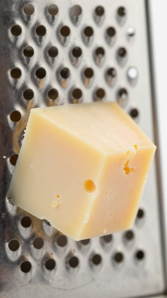 grated Gruyère mound on metal grater closeup
