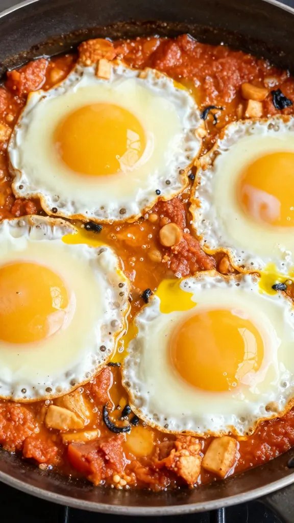 closeup skillet of patatas bravas shakshuka, runny eggs