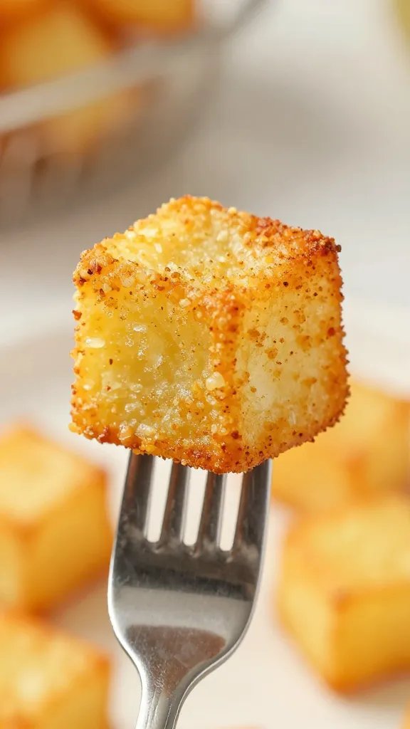 crispy paprika-dusted potato cube on fork, shallow depth